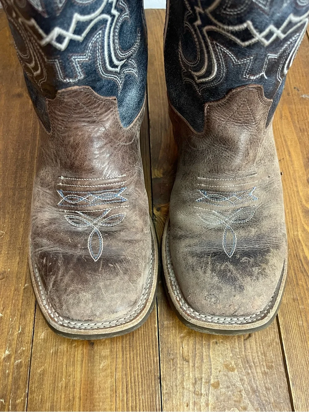 Old west bsc1914 square toe cowboy boots black and brown leather boys size 2